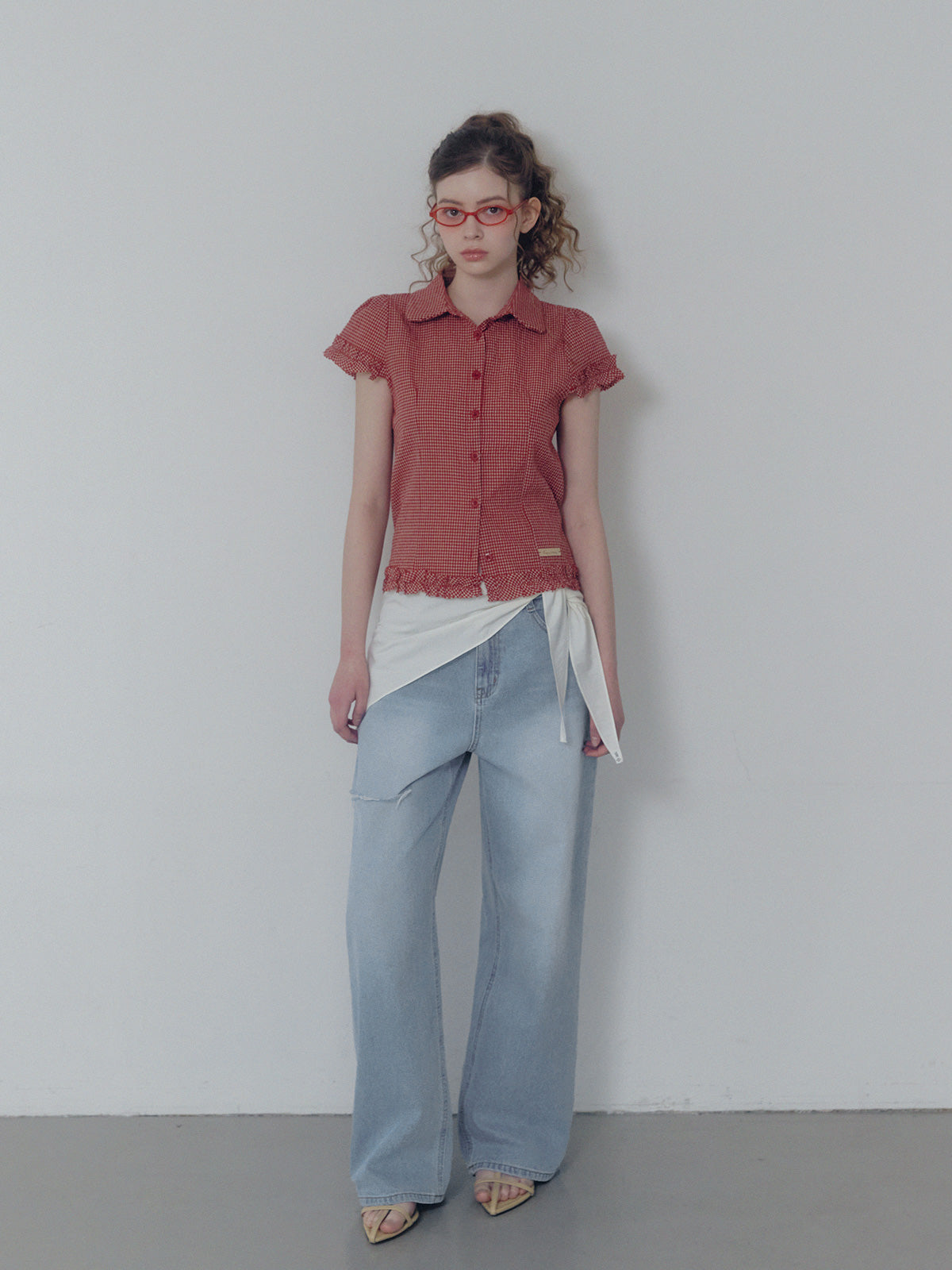 Roel check frill short sleeve blouse