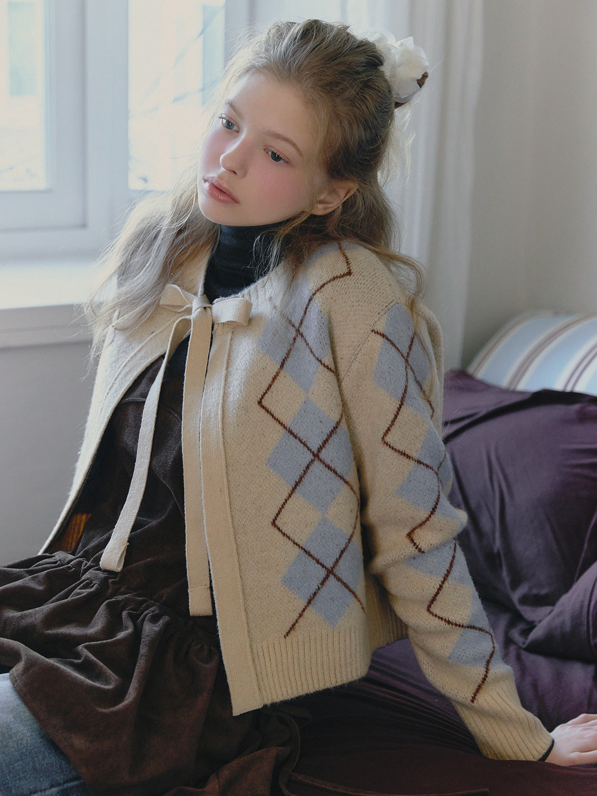 [TWEE] Beon Argyle Schleifen-Strickcardigan