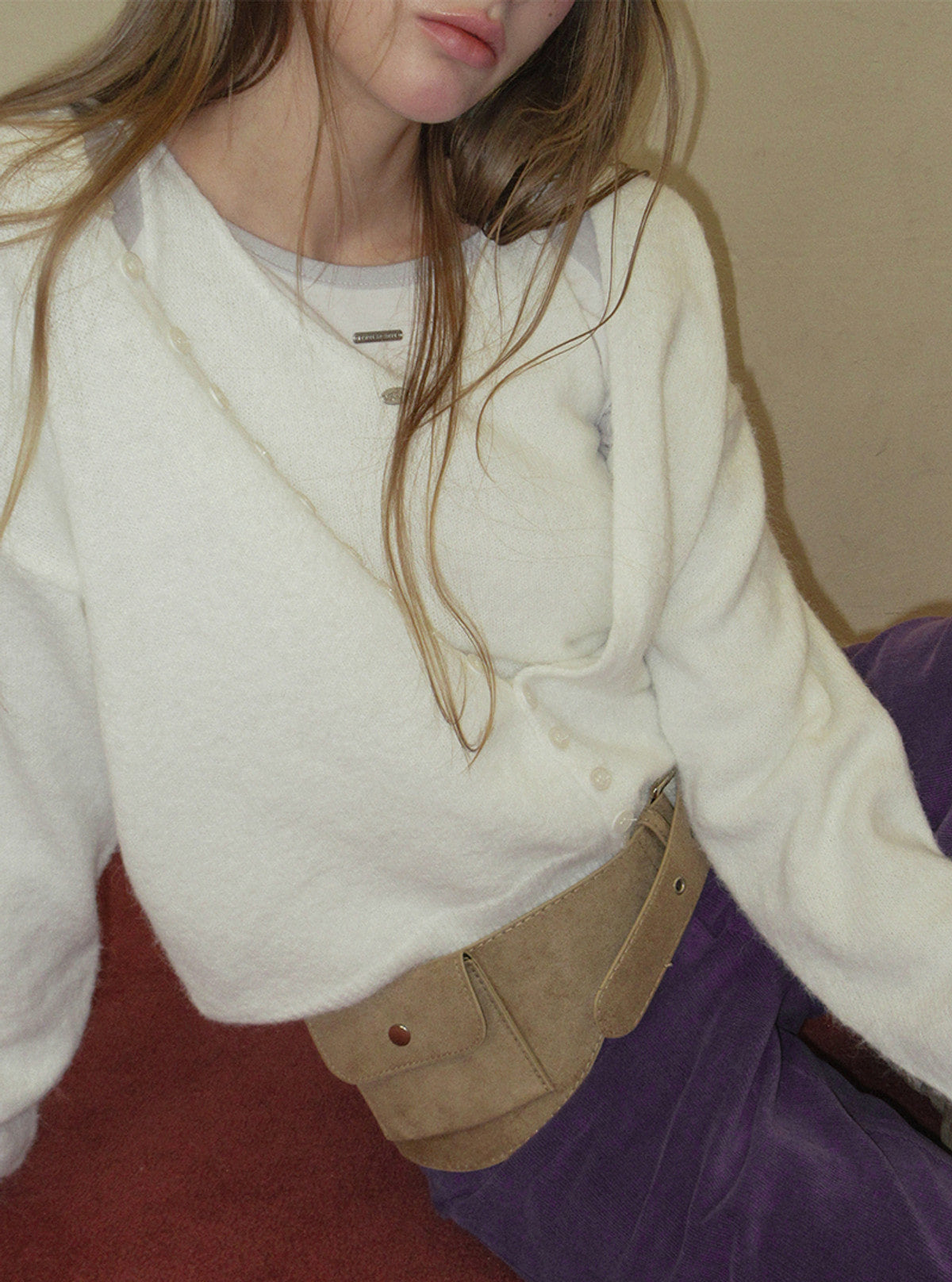 TWEE Runder button layered sleeveless cardigan set | Product styling view 7
