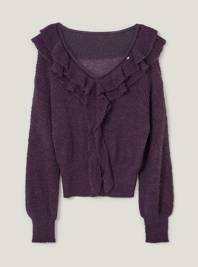 TWEE Torez ruffle V-neck long sleeve knit | Purple product-only view