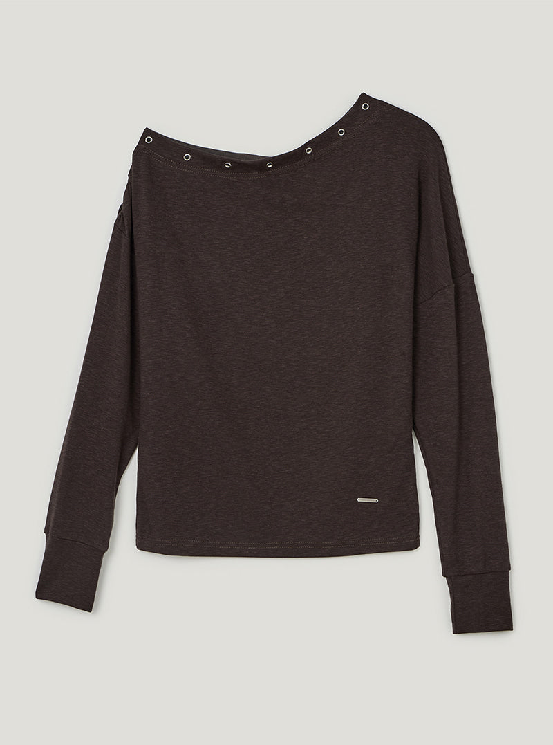 TWEE Leso eyelet shirring loose-fit long sleeve T-shirt | Brown product-only view