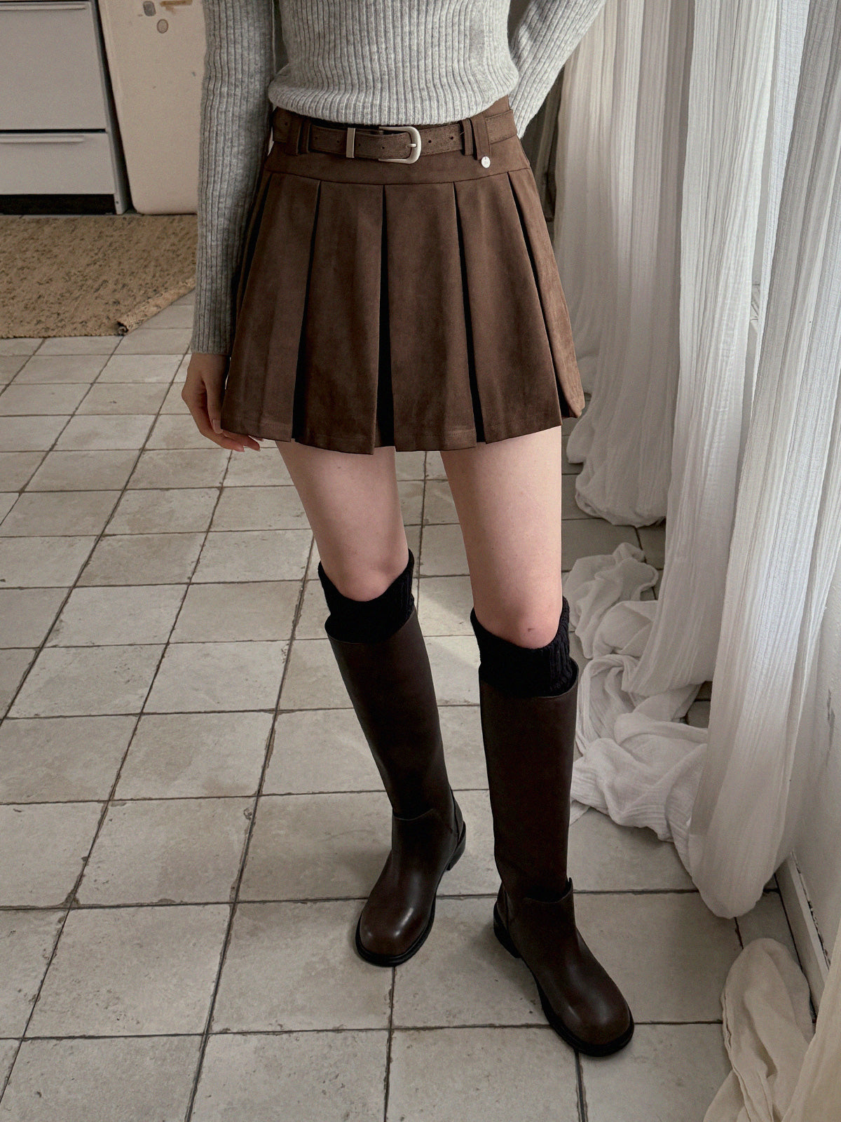 Apode Suede Pleated Mini Skirt (with Belt)