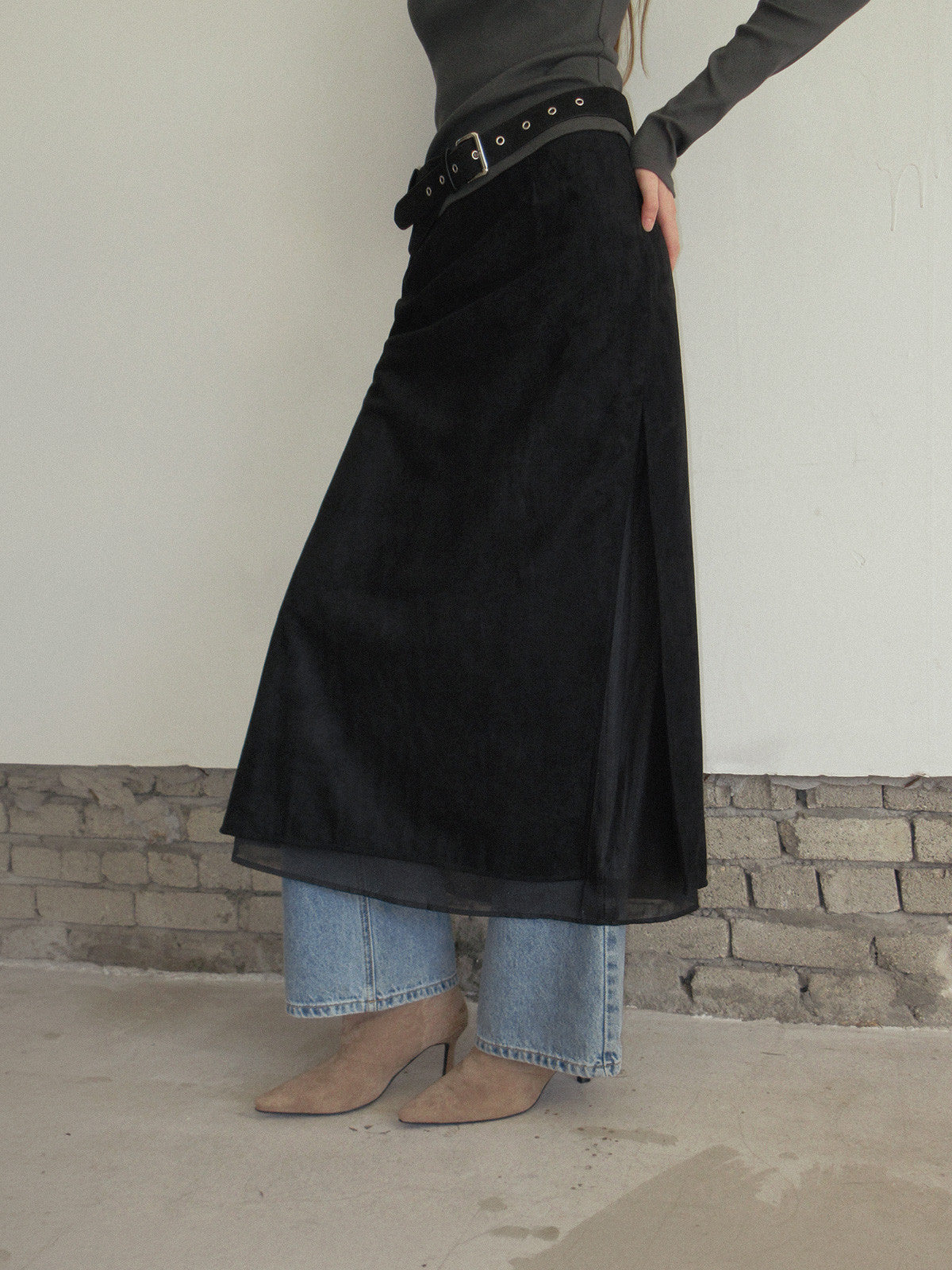 TWEE Benz organza layered suede long skirt | Product styling view 10