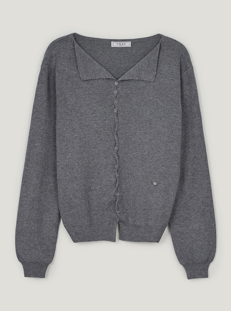 TWEE Korat zigzag button collar knit long sleeve cardigan | Gray product-only view