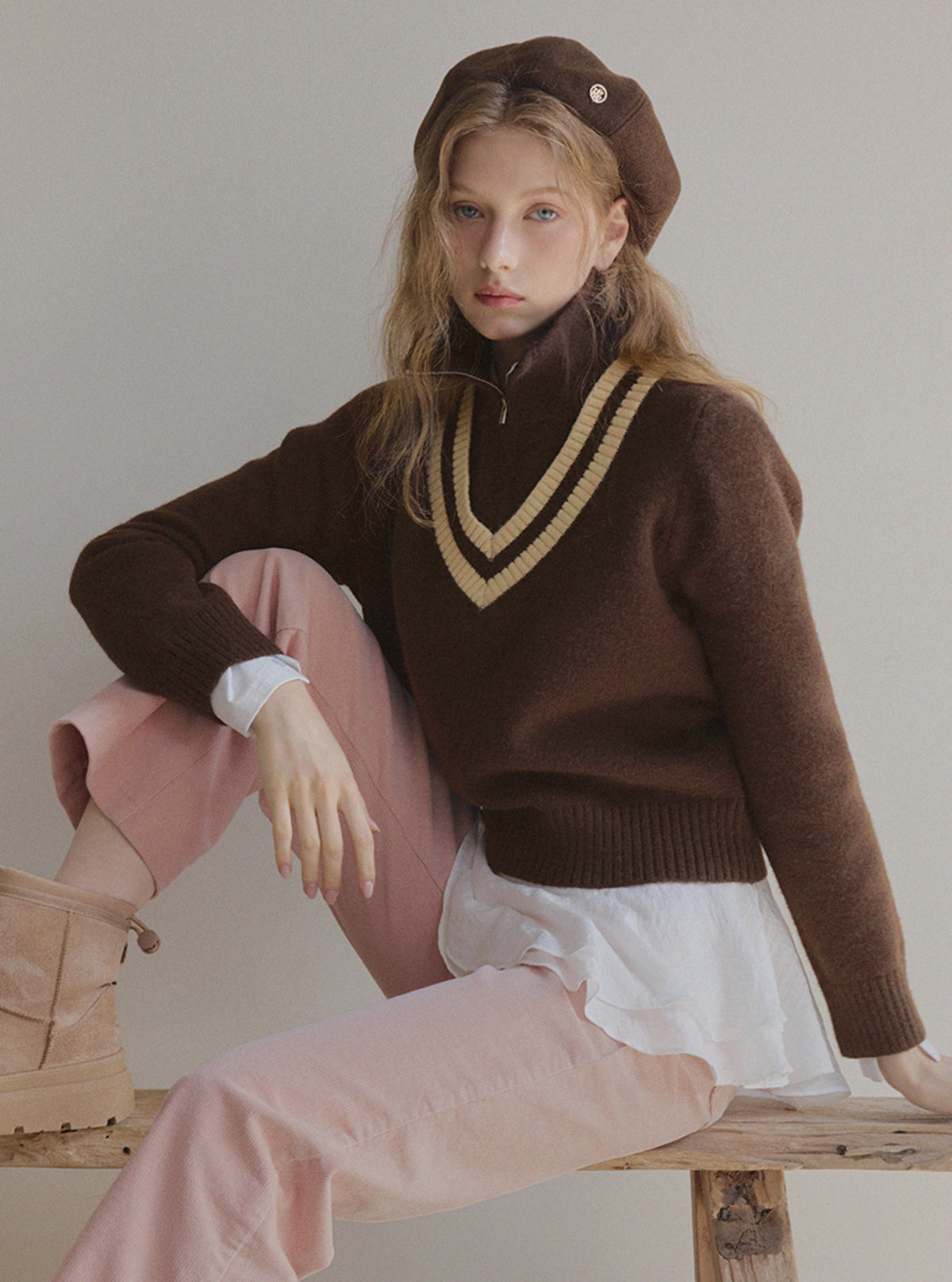 Mir Contrast High-Neck Half-Zip Knit