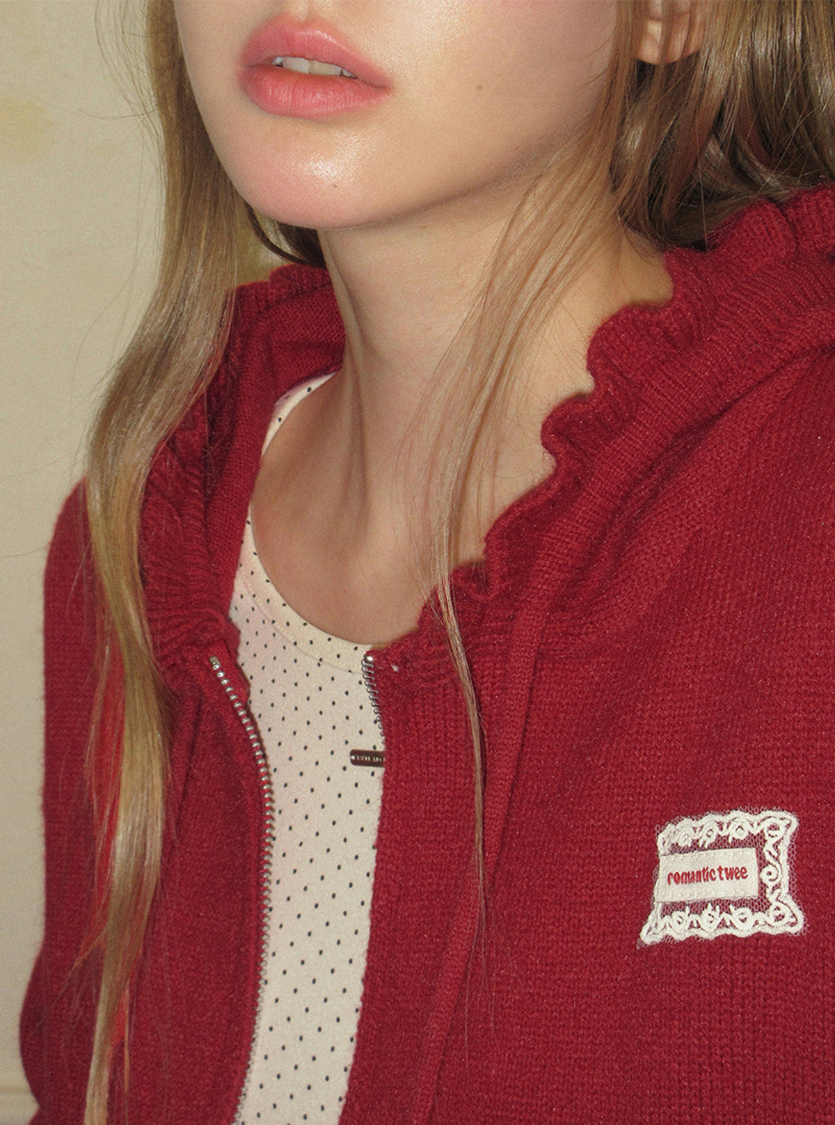 TWEE Berle wave hood long sleeve knit zip-up | Product styling view 6