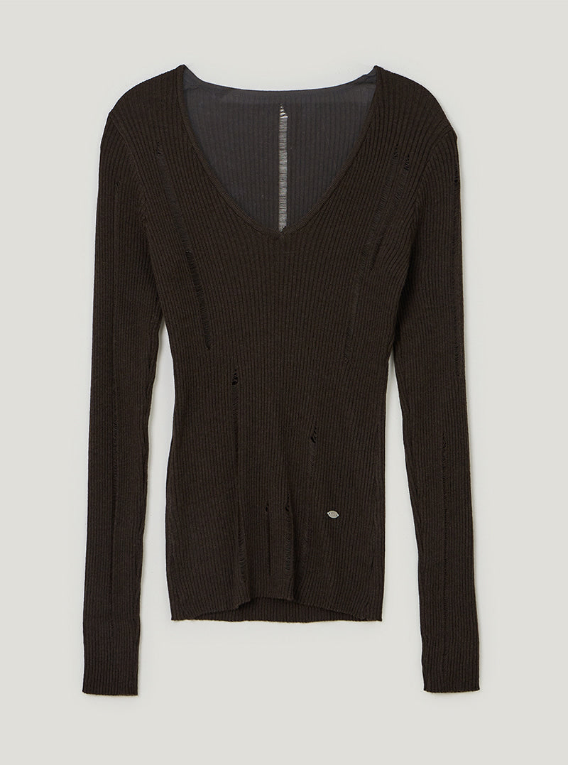 TWEE Peti vintage distressed V-neck long sleeve knit | Brown product-only view