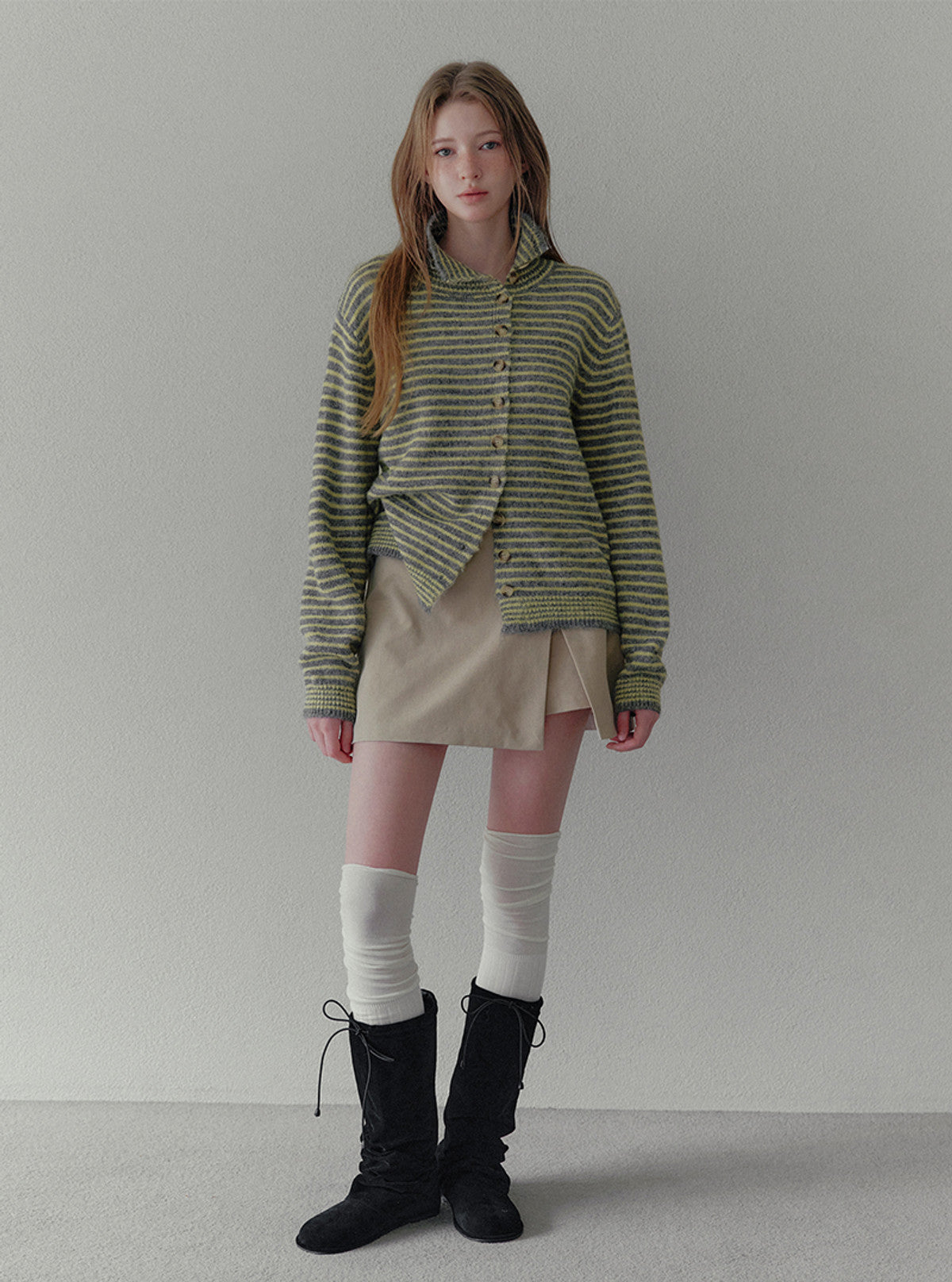 Rozin asymmetric button stripe knit long sleeve cardigan | View 4