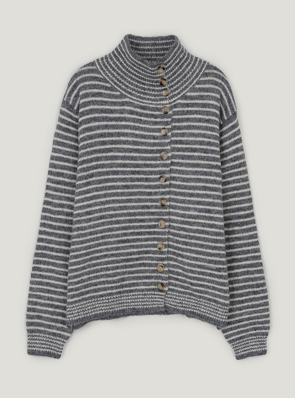Rozin asymmetric button stripe knit long sleeve cardigan | Gray cutout