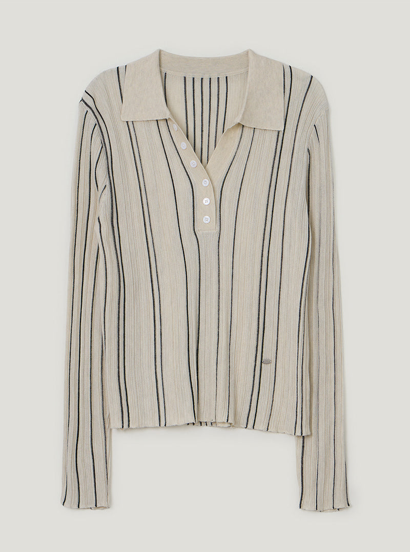 TWEE Polin collar vertical ribbed long sleeve knit | Stripe product-only view