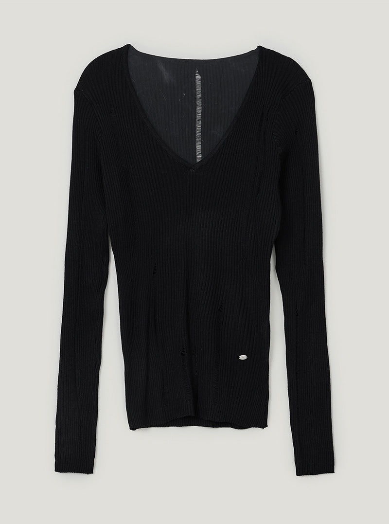 TWEE Peti vintage distressed V-neck long sleeve knit | Black product-only view