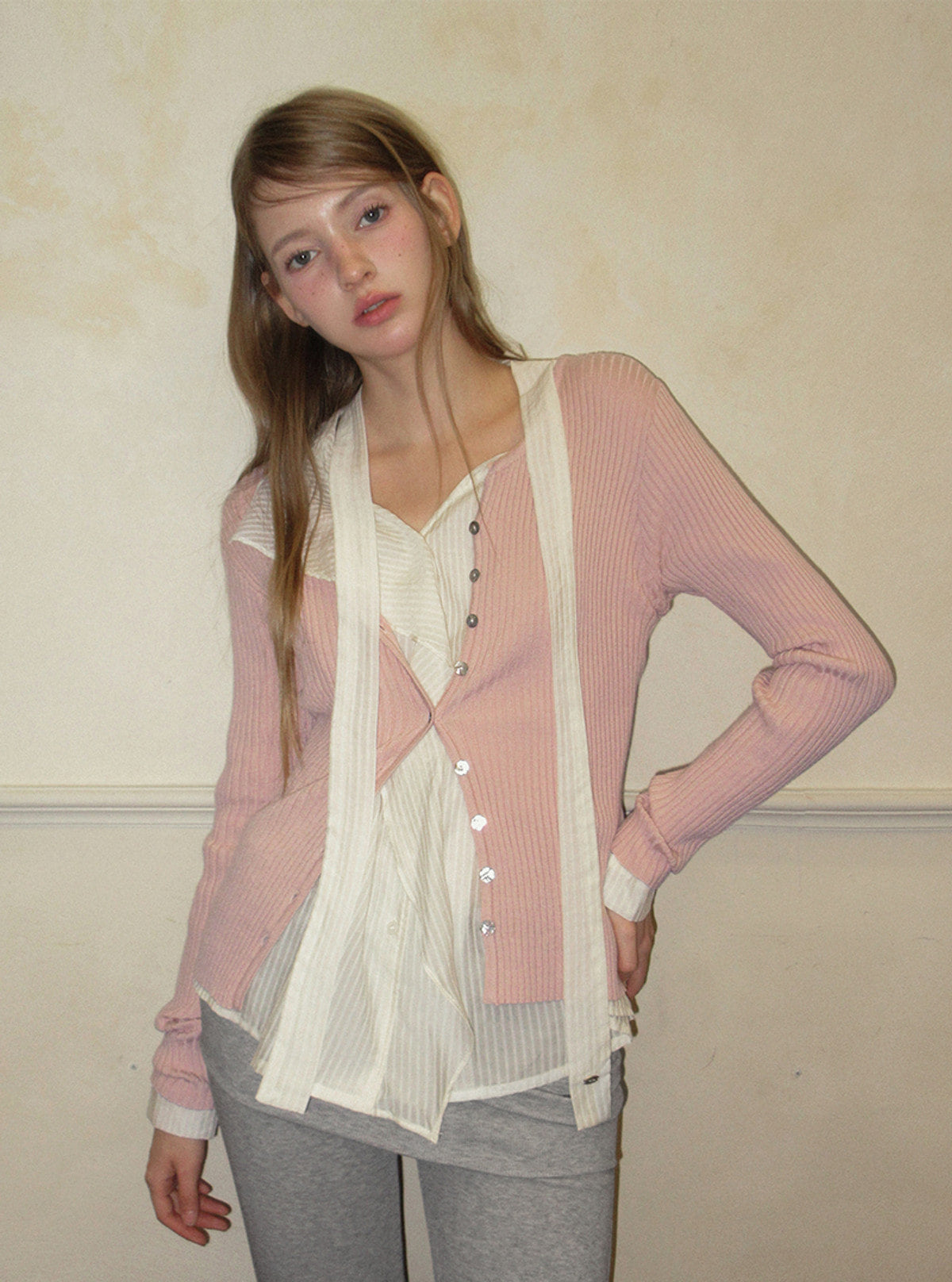 TWEE Elan slim ribbed knit long sleeve cardigan | Product styling view 3