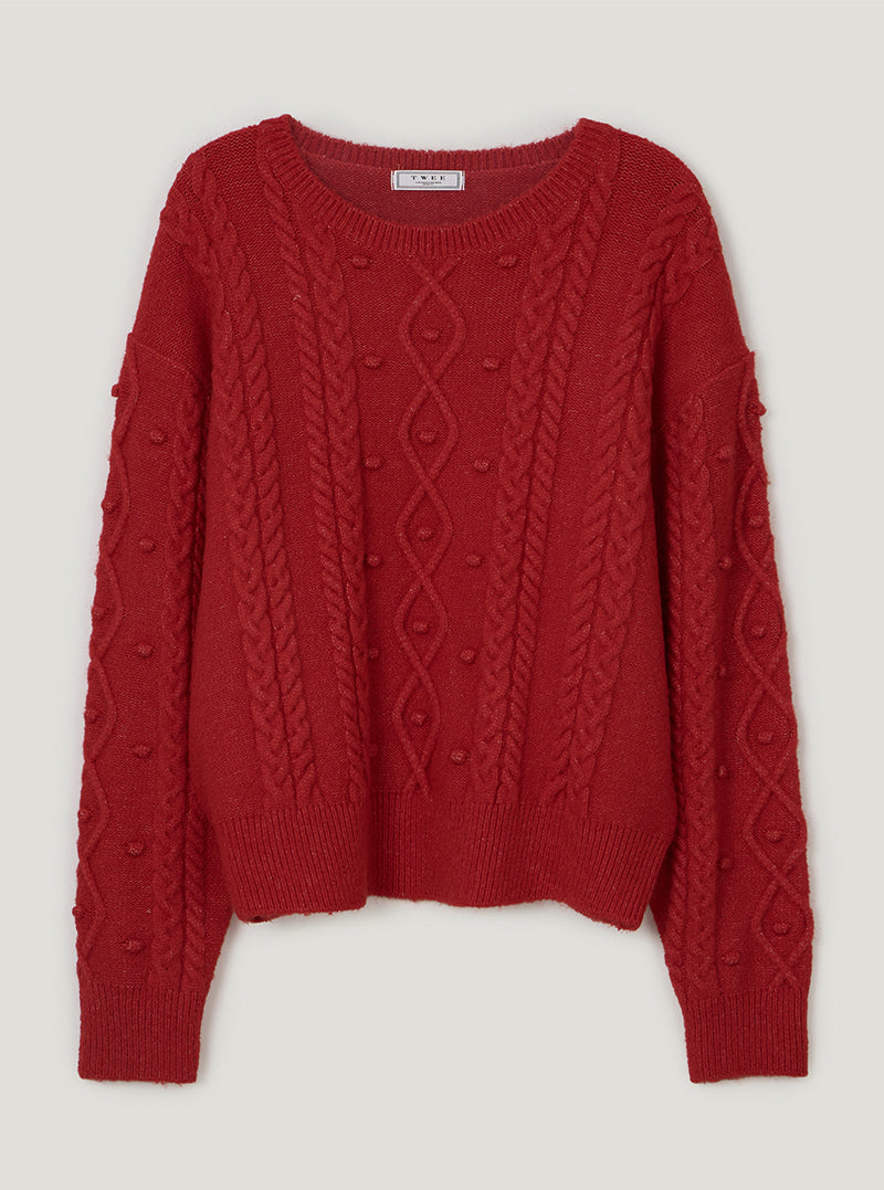 TWEE Kuti cable pattern round neck long sleeve knit | Red product-only view