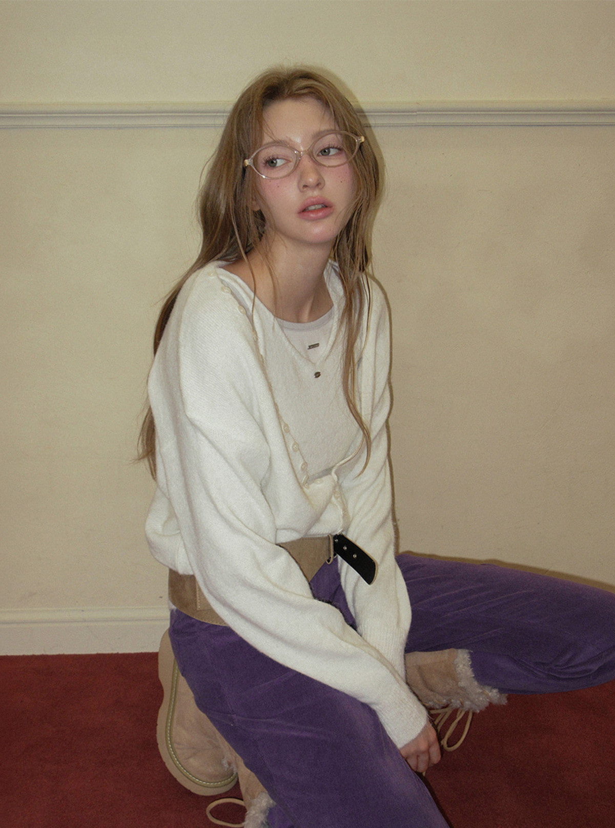 TWEE Runder button layered sleeveless cardigan set | Product styling view 8