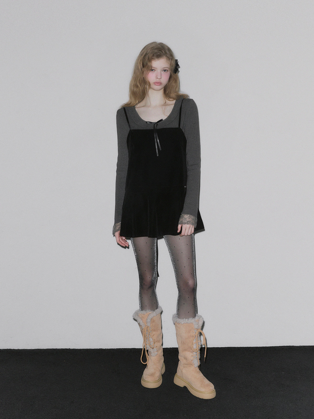 [TWEE] Robe Mini Superposée en Velours Pudin