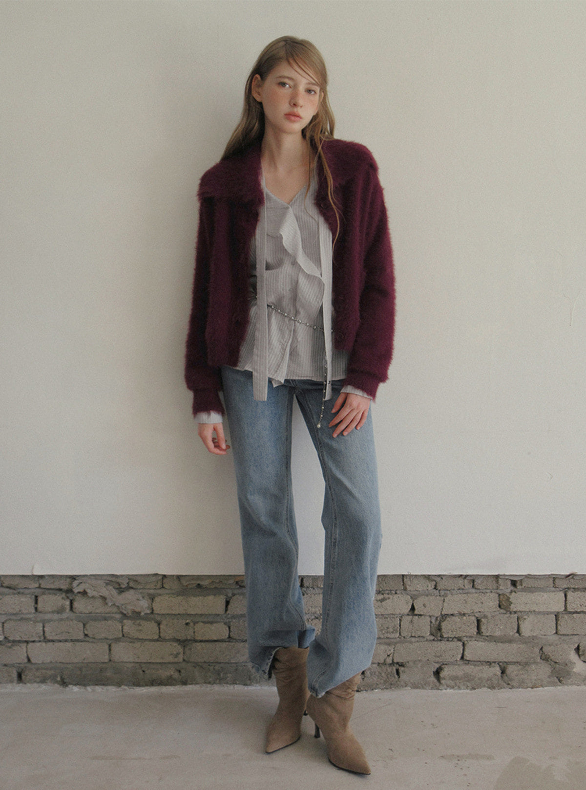 TWEE Sophie brushed collar knit long sleeve cardigan | Product styling view 5