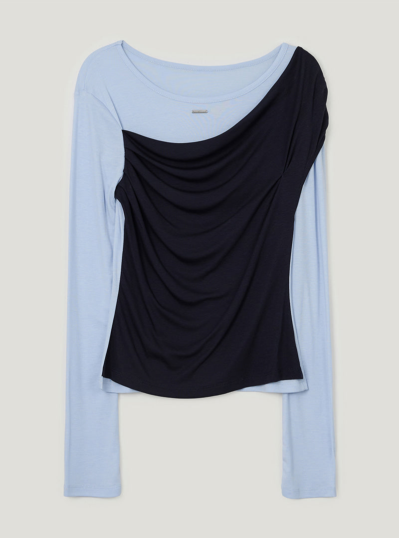 TWEE Muen asymmetric shoulder layered long sleeve T-shirt | Navy product-only view