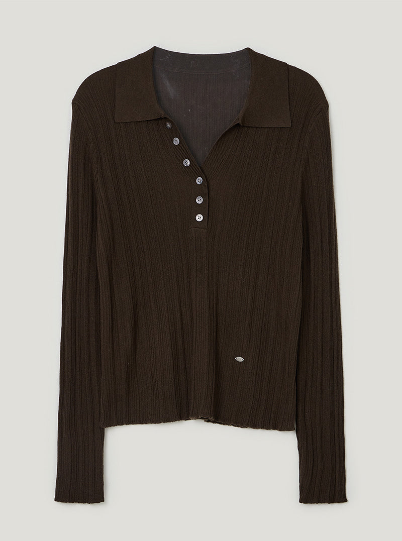 TWEE Polin collar vertical ribbed long sleeve knit | Brown product-only view