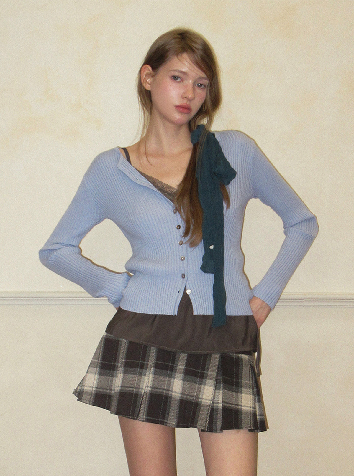 TWEE Elan slim ribbed knit long sleeve cardigan | Product styling view 10