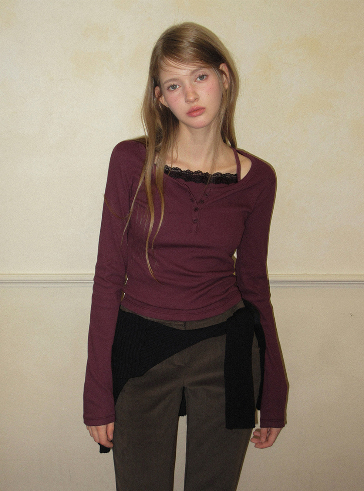 TWEE Martin lace contrast button long sleeve T-shirt | Product styling view 7