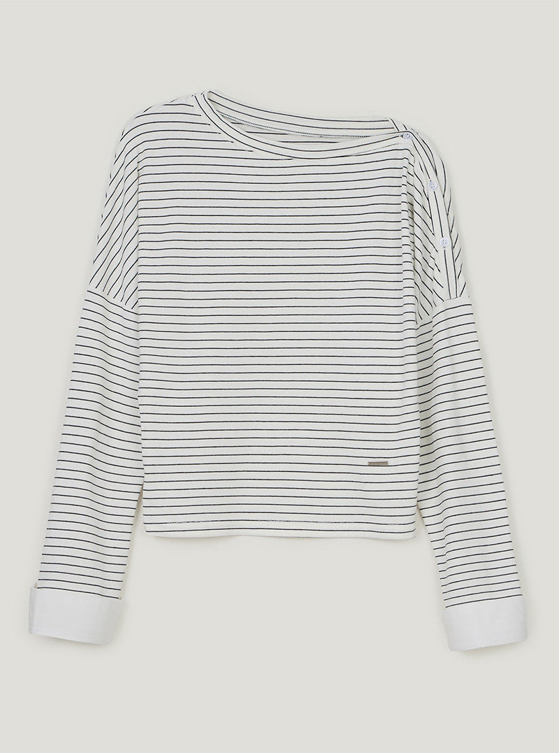 TWEE Ribol shirt contrast button stripe long sleeve T-shirt | Ivory product-only view