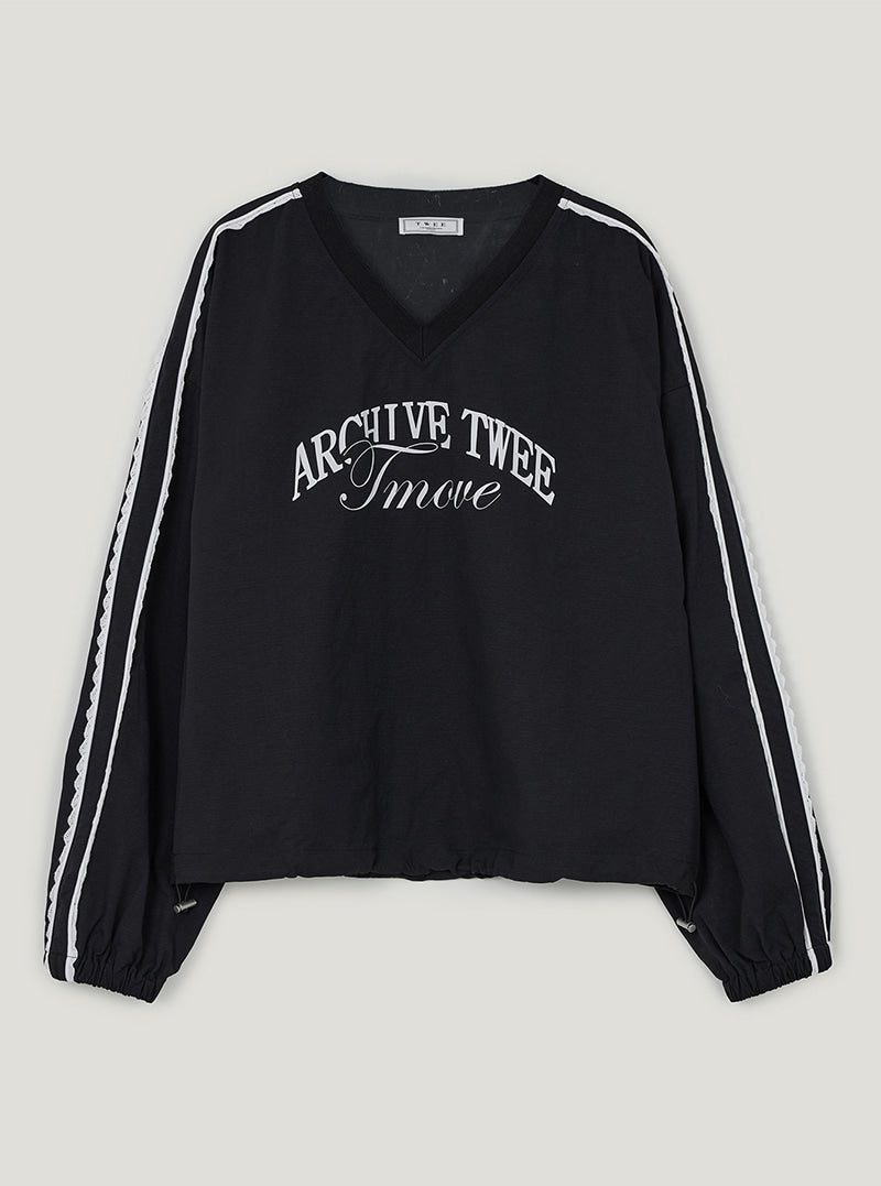 TWEE Mopen lace nylon V-neck long sleeve sweatshirt | Black product-only view