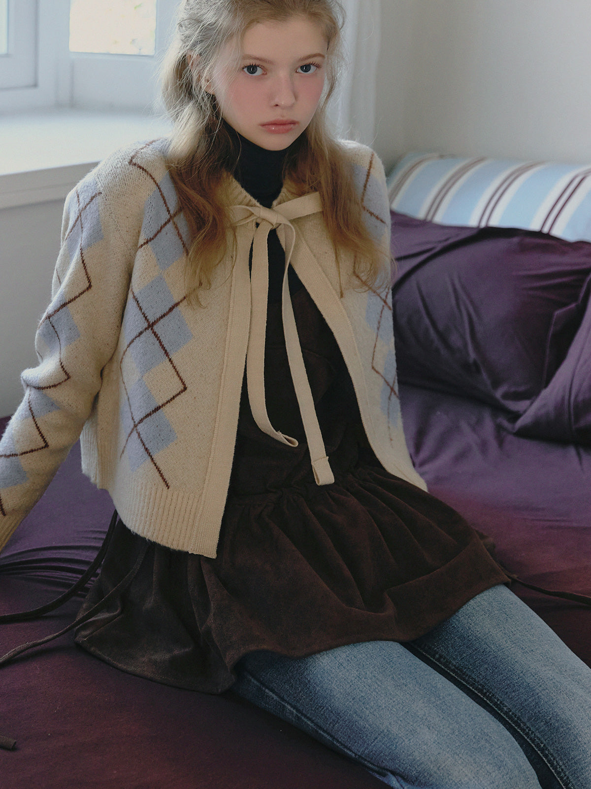 [TWEE] Beon Argyle Schleifen-Strickcardigan