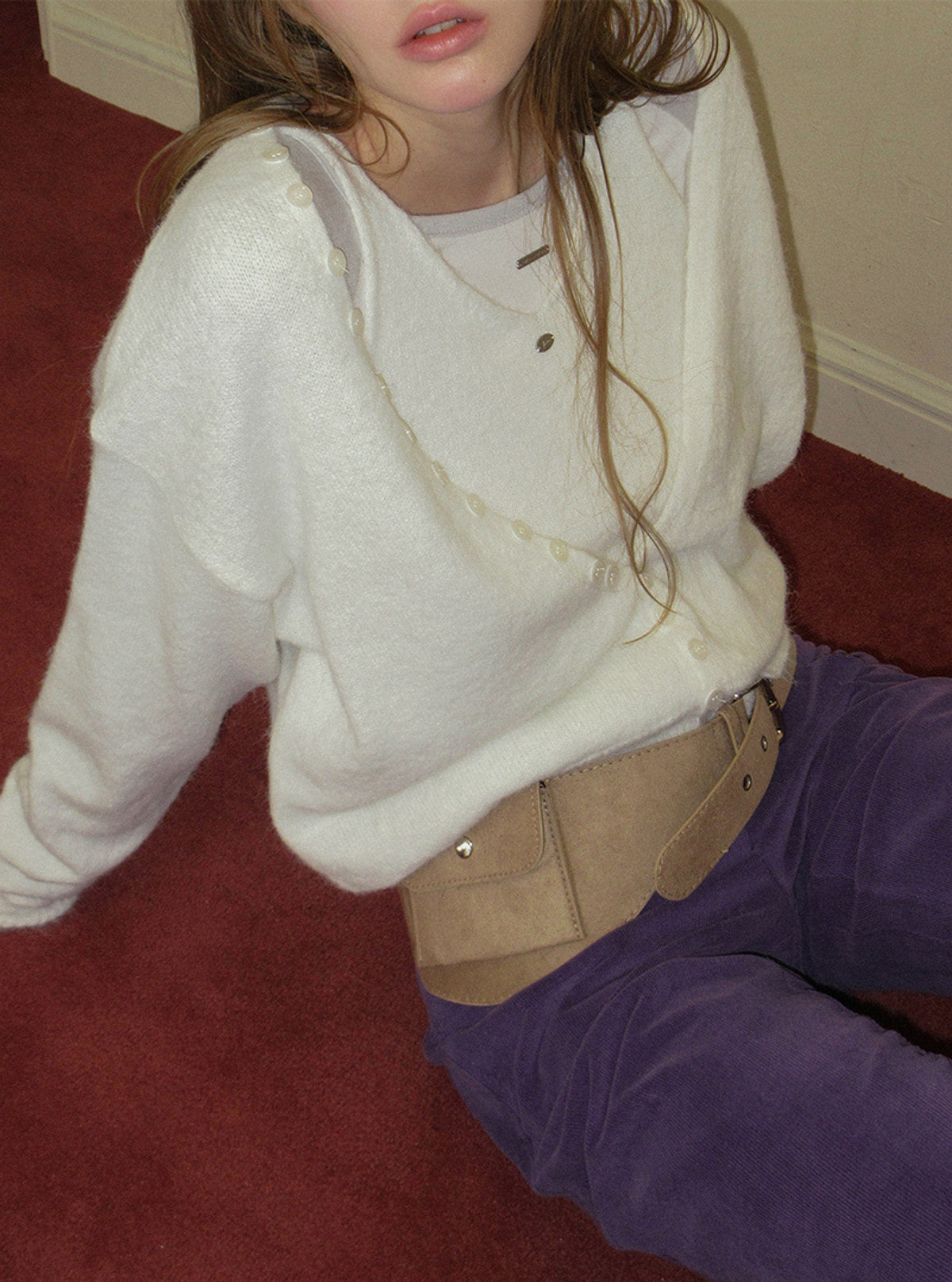 TWEE Runder button layered sleeveless cardigan set | Product styling view 10