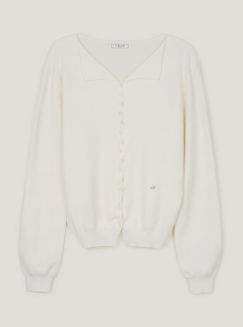 TWEE Korat zigzag button collar knit long sleeve cardigan | Ivory product-only view