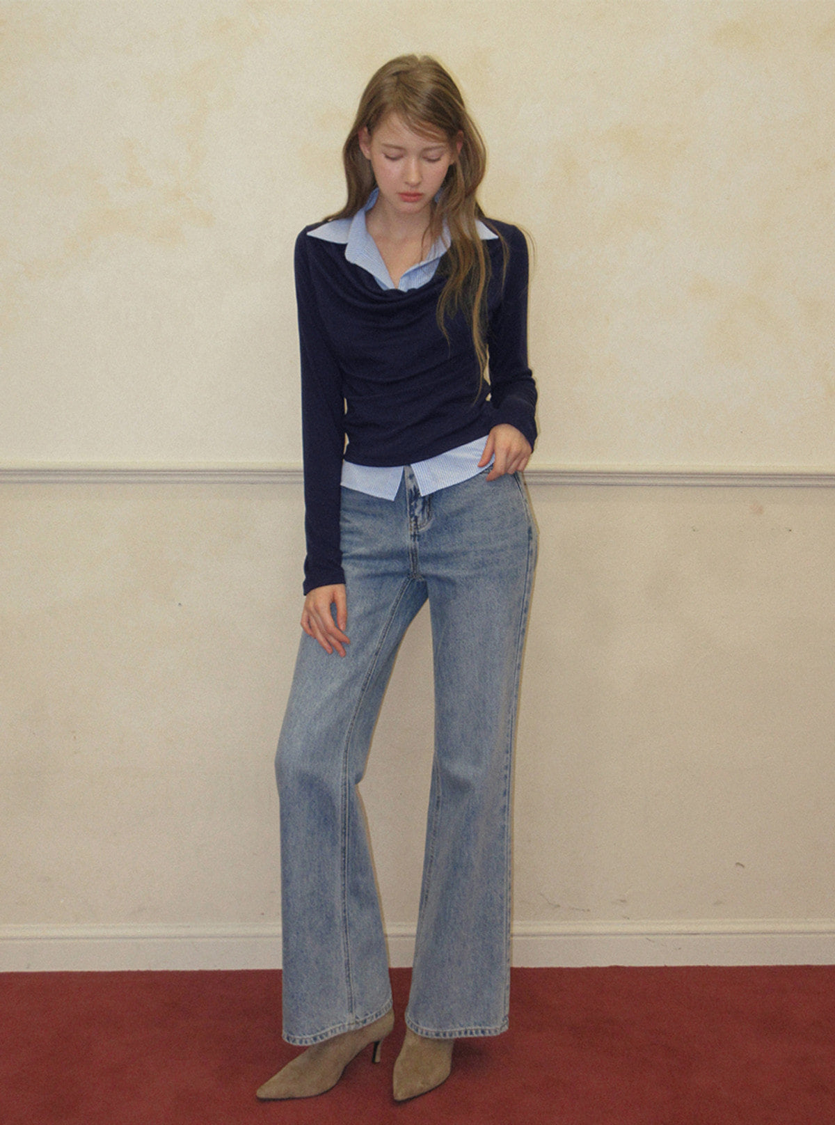 TWEE Ravi shirt contrast drape long sleeve T-shirt | Product styling view 8