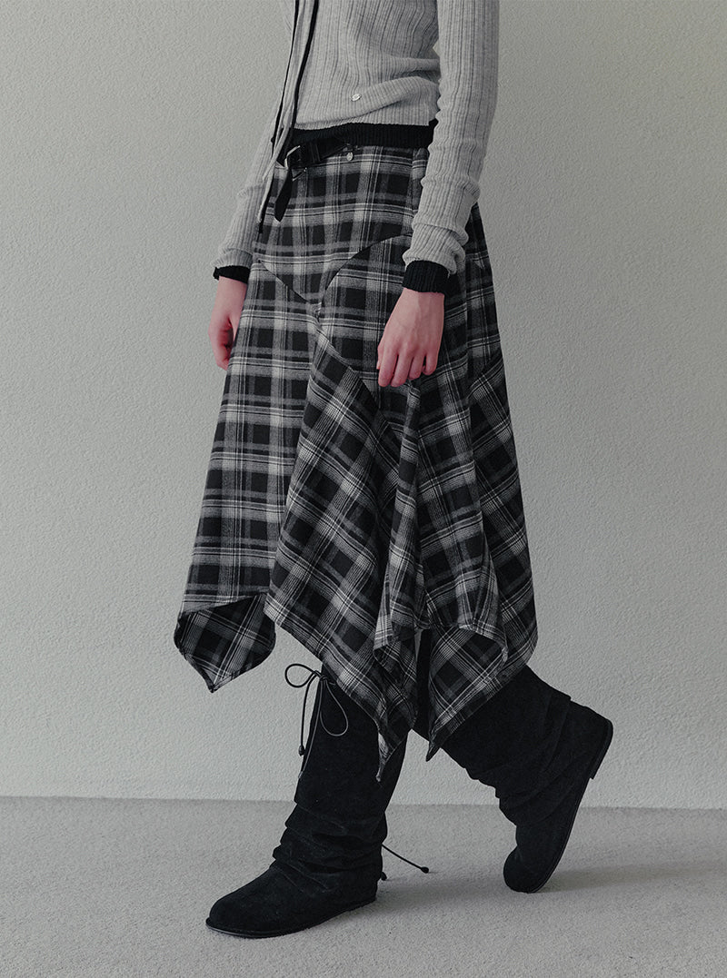 Pillin check asymmetric midi skirt (belt set) | View 10