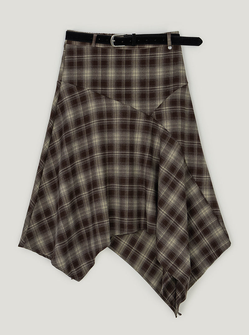 Pillin check asymmetric midi skirt (belt set) | Khaki cutout