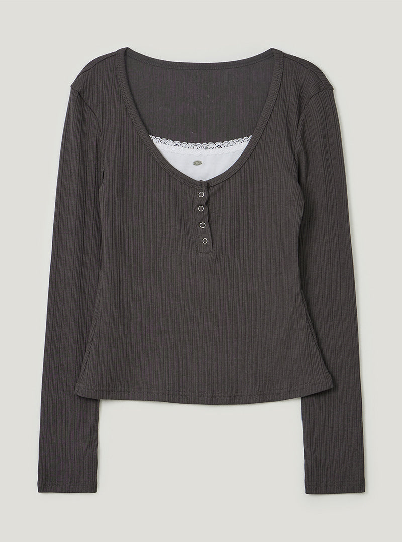 TWEE Runki layered button long sleeve T-shirt | Charcoal product-only view