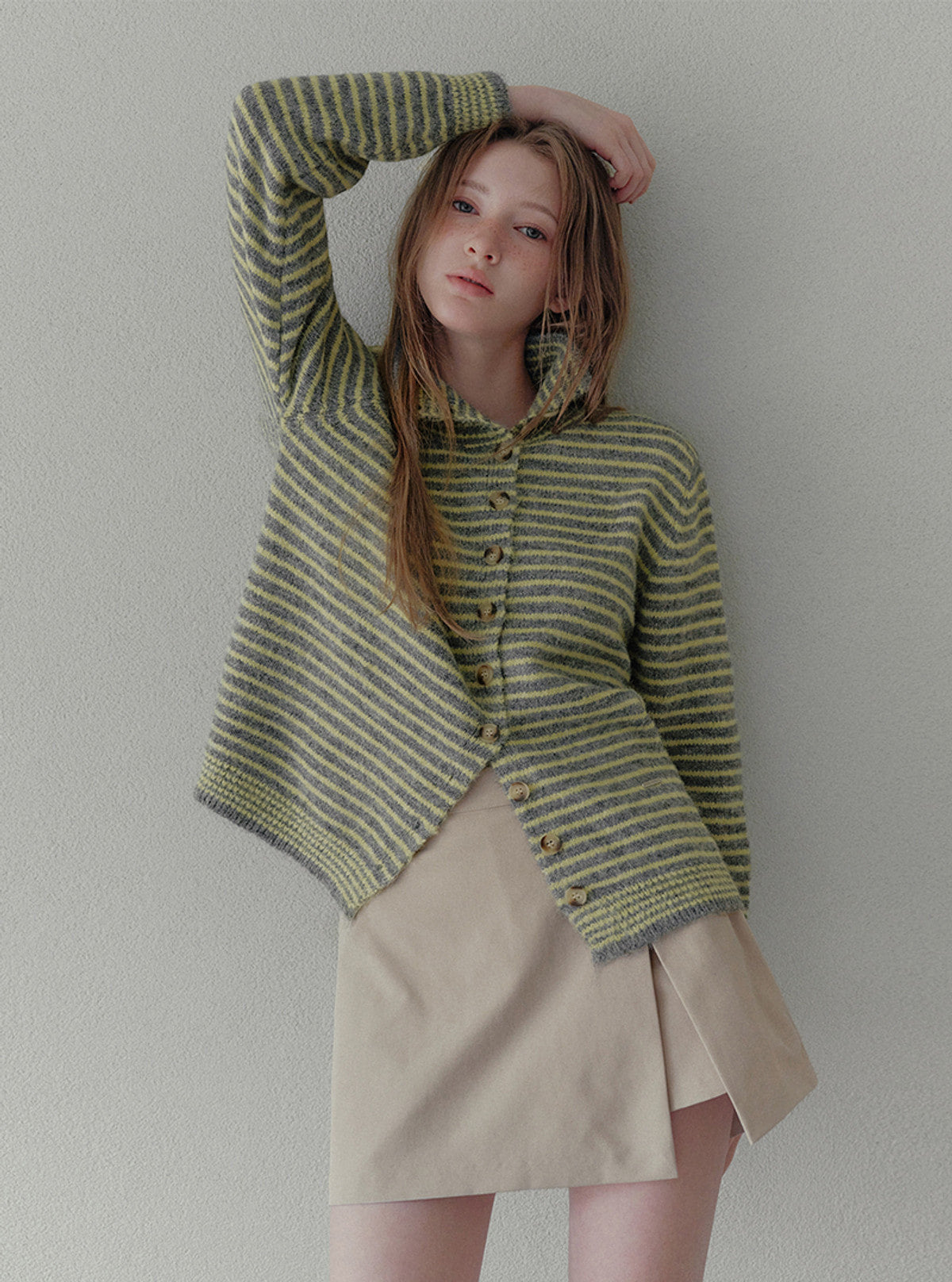 Rozin asymmetric button stripe knit long sleeve cardigan | View 6