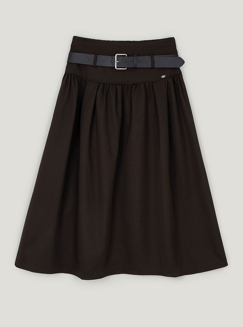 Karen pleated long skirt (belt set) | Brown cutout