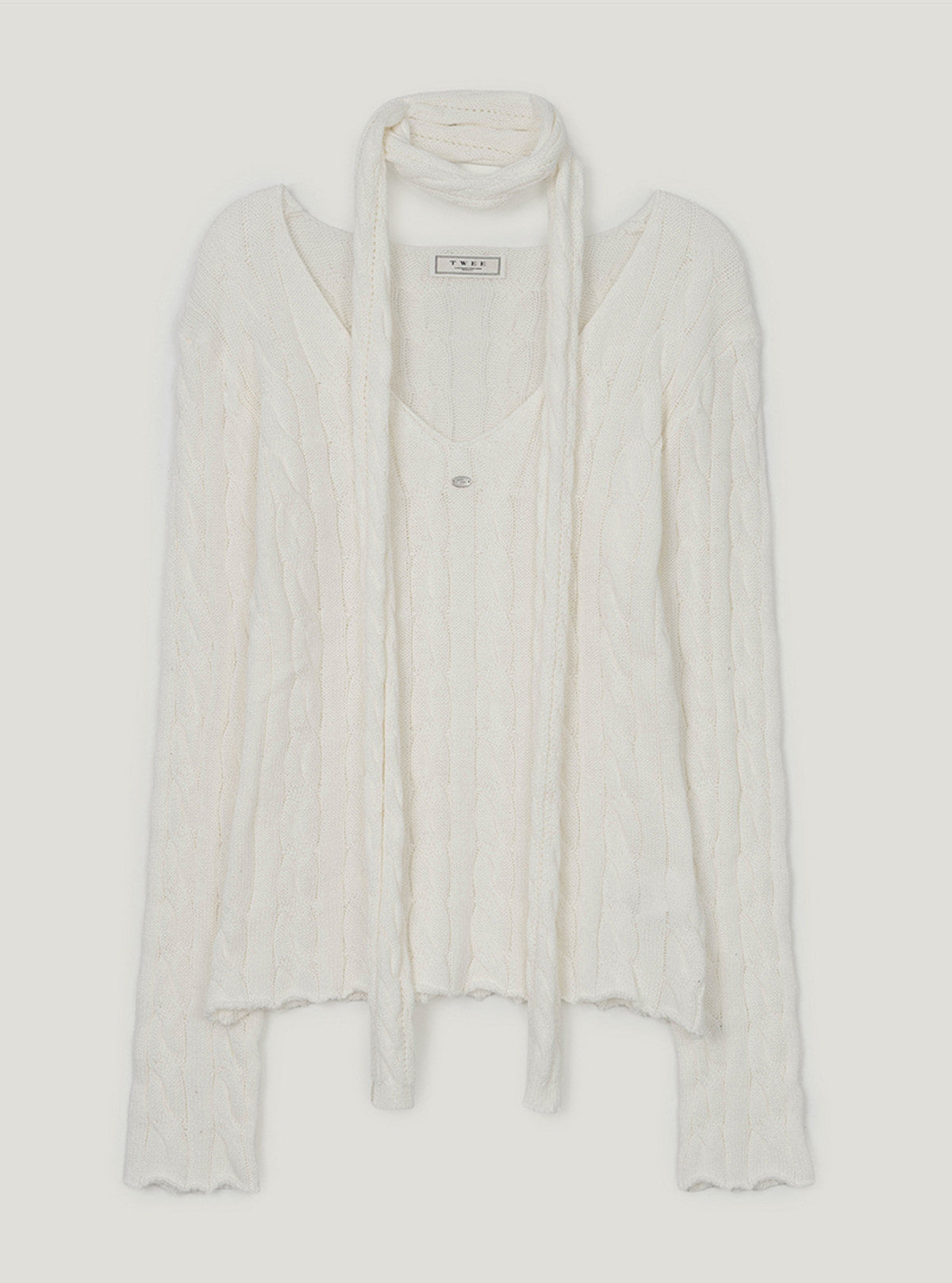 Sion cable V-neck long sleeve knit (muffler set) | Ivory cutout
