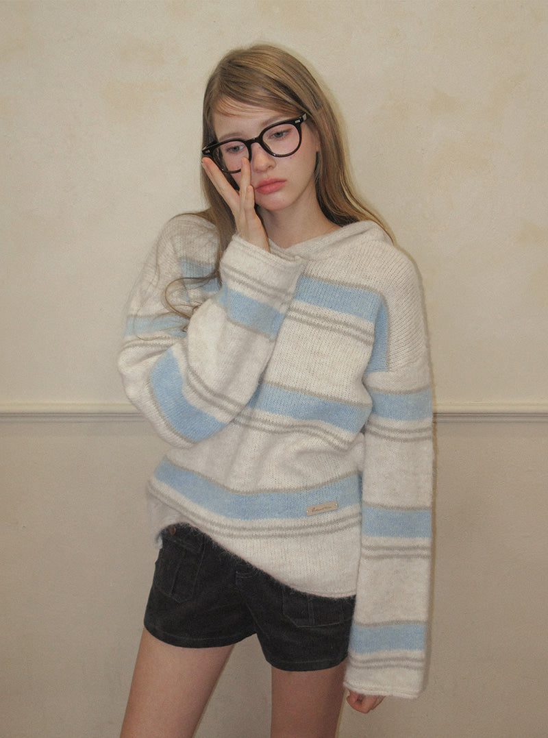 TWEE Cherit stripe oversized hood long sleeve knit | Product styling view 6