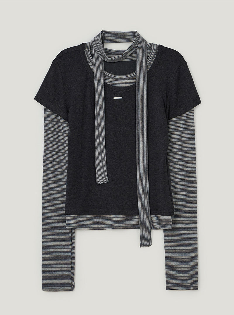 TWEE Solen stripe layered long sleeve T-shirt (strap set) | Charcoal product-only view