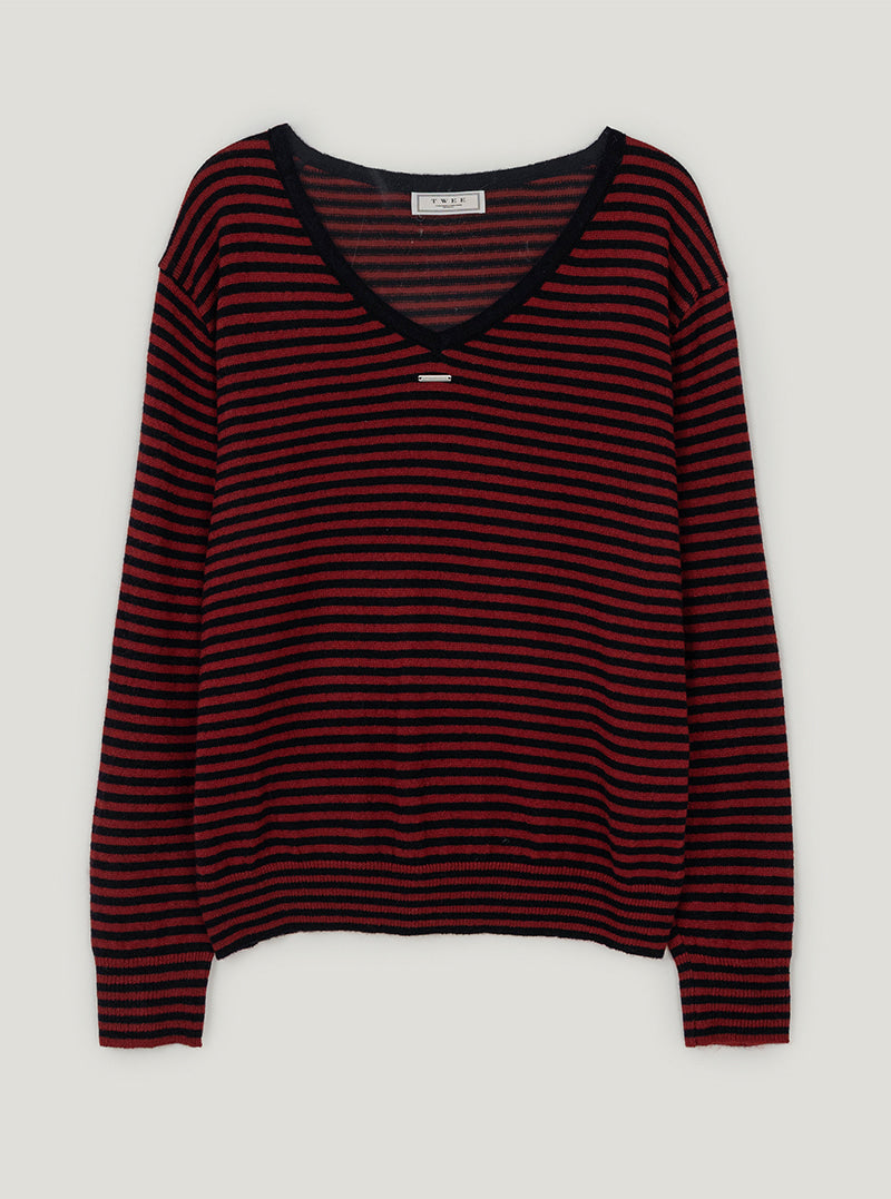 Letter V-neck stripe long sleeve knit | Navy cutout