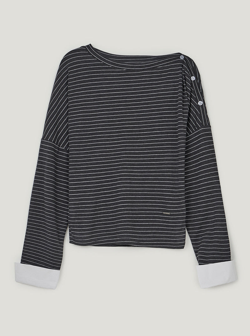 TWEE Ribol shirt contrast button stripe long sleeve T-shirt | Charcoal product-only view