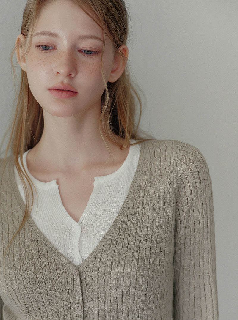 Pet contrast layered cable knit long sleeve cardigan | View 4