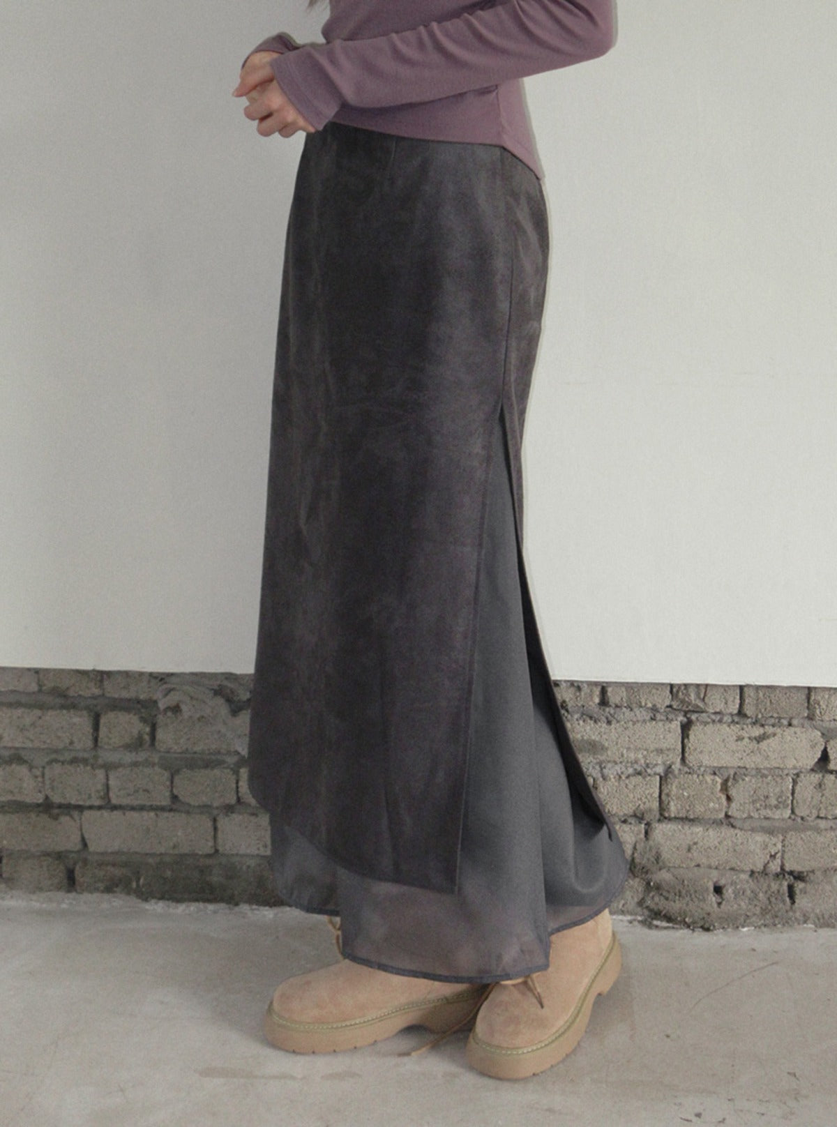 TWEE Benz organza layered suede long skirt | Main product image
