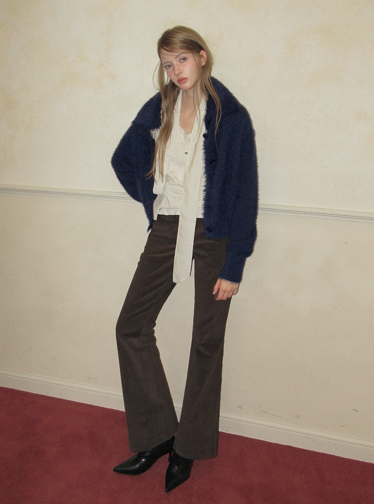 TWEE Sophie brushed collar knit long sleeve cardigan | Product styling view 8