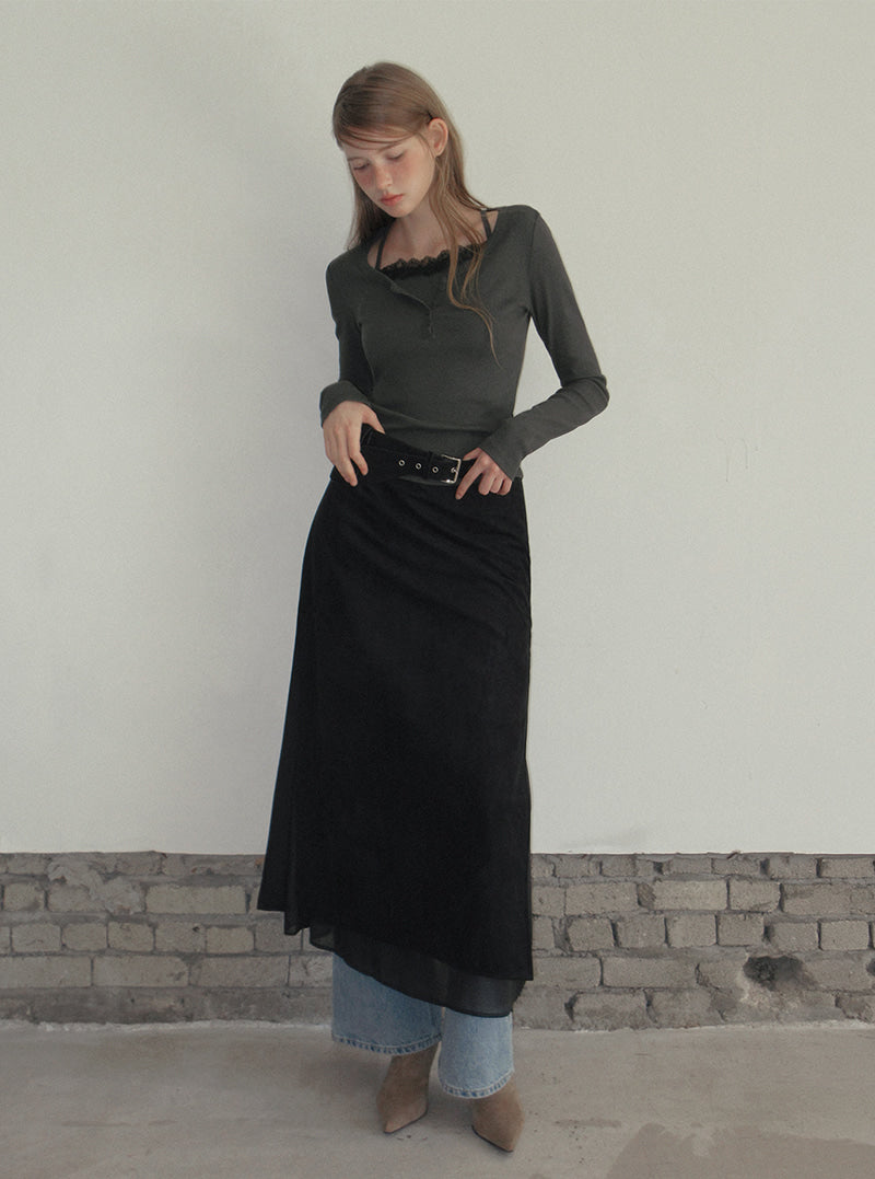 TWEE Martin lace contrast button long sleeve T-shirt | Product styling view 5