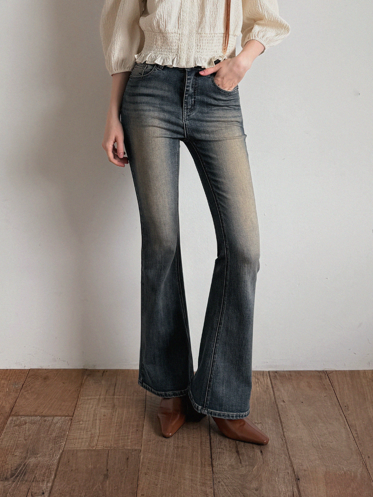 Nisha Vintage-Washed Bootcut Denim Pants Jean