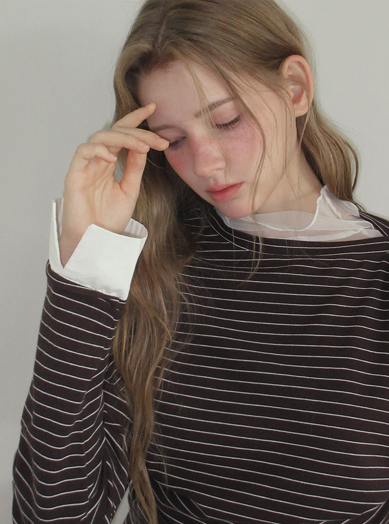 TWEE Ribol shirt contrast button stripe long sleeve T-shirt | Product styling view 4