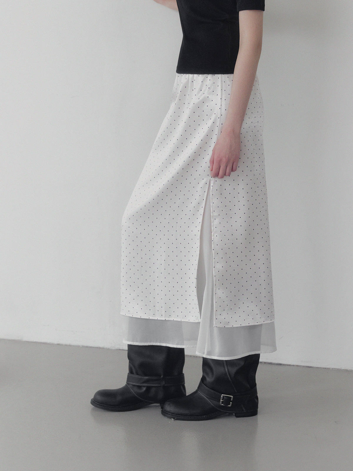 Purd dot layered banding long skirt