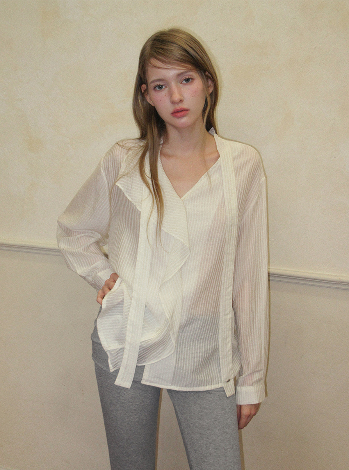 TWEE Kesi frill stripe strap long sleeve blouse | Product styling view 7