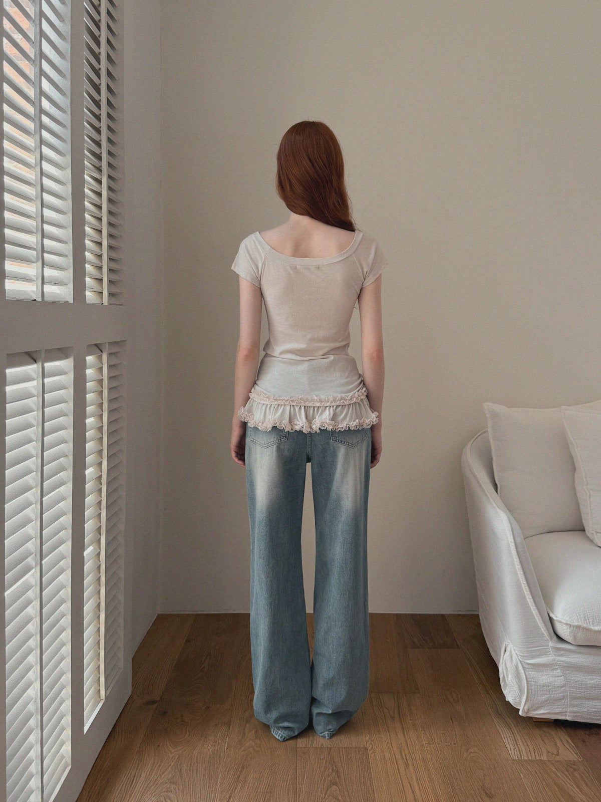 Beige Frill Off-Shoulder Short Sleeve Tee